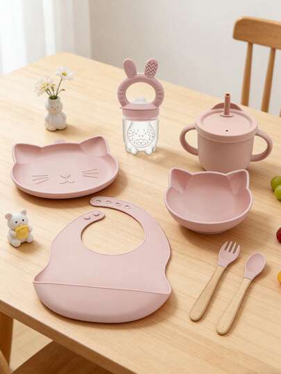7件套硅胶餐具套装，适合婴幼儿，可爱猫咪系列，包含硅胶围兜、餐盘、碗、叉子和勺子、吸管杯、兔子牙胶、婴儿水果蔬菜牙胶。