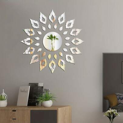 33 piezas Espejo acrílico autoadhesivo irregular con diseño de girasol, decoración del hogar con fragmentos desmontables de bricolaje para baño, inodoro, cocina, fondo de TV, patrón de borde, papel tapiz para baño, decoración de cocina, arte de pared de TV, borde decorativo, mural artístico, superficie brillante, adorno de cristal, calcomanía de pared, pelar y pegar, decoradores de apartamentos