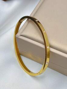 3/1pc Stainless Steel Gear & Clover Bracelet Jewelry Set, Stackable Or Standalone, Suitable For All Occasions - Gold - View 4