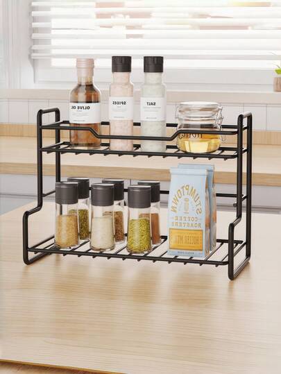 1 pièce Étagère de rangement à double couche et étagère à épices pour la cuisine, étagère de rangement multifonctionnelle pour le bureau et la cuisine, étagère de rangement pour bouteilles d'assaisonnement en métal, organisateur de cuisine multifonctionnel, rangement gain de place pour la maison, décoration pour la maison, convient pour le bureau et la cuisine, organisation de porte-tasses, convient pour ranger les bocaux à épices, les plateaux et les bols.