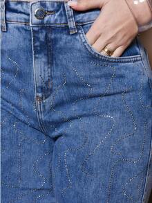 Women's Blue Jeans With Glitter Wave Pattern, High Waist, Premium - Dark Wash - View 11