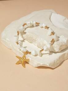 1pc Bohemian Style Metal Starfish & Bead Anklet, Unique Design Foot Jewelry, Practical Gift For Girlfriend/Best Friend - 31779-ank-g-eP - View 4