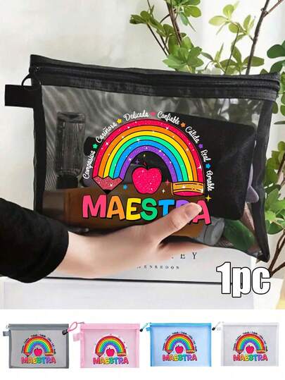 Bolsa de malla con diseño de letras Maestra, organizador de maquillaje transparente con diseño de arcoíris y corazón, bolsa de maquillaje con cremallera e impresión de letras, bolsa de malla transparente para almacenamiento/artículos de tocador, bolsa de cosméticos portátil, adecuada para almacenamiento de cosméticos, cuidado de la piel y organización del baño, regalo ideal para ella, maestras, madres, amigos, dormitorio, regalo del Día de la Madre, regalos de graduación, regalo de viaje, regalos de Pascua, regreso a la escuela