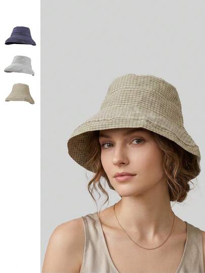 1pc Unisex Japanese Style Plaid Bucket Hat, Outdoor Camping Sun Protection Wide Brim Casual Hat For Summer
