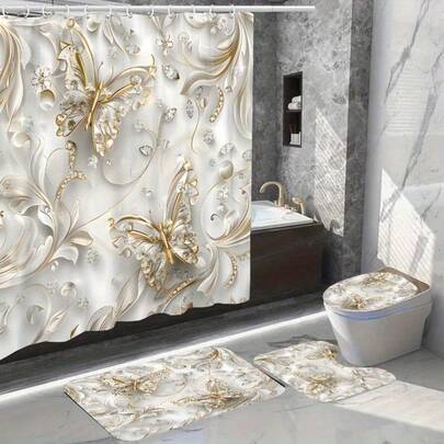 1件/4件套优雅蝴蝶图案浴帘套装，含12个挂钩，防水涤纶面料，可水洗浴垫，防滑地毯，时尚浴室配件，仅限干洗