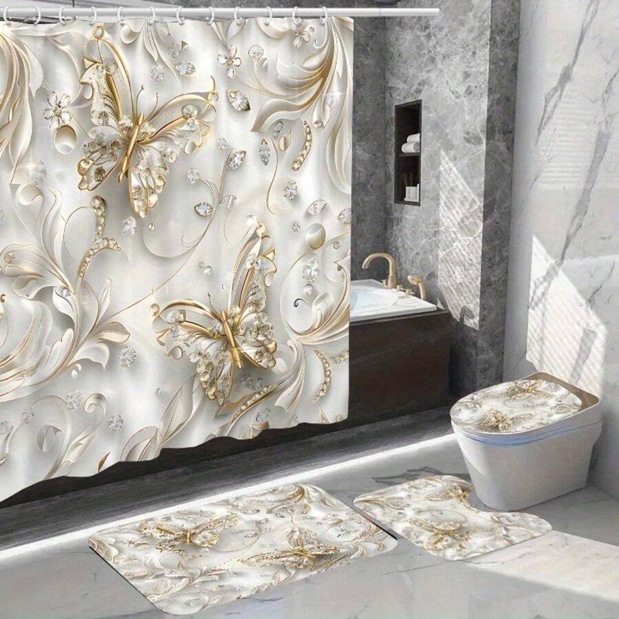 1件/4件套优雅蝴蝶图案浴帘套装，含12个挂钩，防水涤纶面料，可水洗浴垫，防滑地毯，时尚浴室配件，仅限干洗