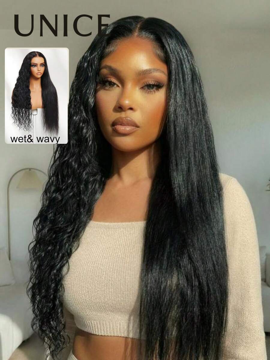 13x4 假发 Bye Bye Slip Pre Everything Wet And Wavy 二合一直发变水波纹真人发假发，带隐形抽绳，发质自然黑，适合所有头围，透明蕾丝，100% 真人发，Unice Hair