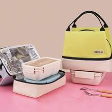 1pc Large-Capacity Double-Layer Insulated Bag, Portable Lunch Bag, Easy-To-Clean Food Bag, Stylish Color-Blocked Design Insulated Bag, Suitable For Students, Office Workers, Back-To-School, Picnics, Camping, And Other Occasions, Non-Food Contact - 粉色 - 查看 10