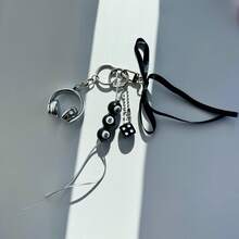 1pc Y2K Grunge Aesthetic Keychain Set With 8-Ball, Dice & Headphone Charms, Black Ribbon Bag Accessory - Black Eight - View 9