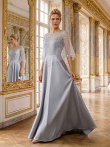 Women's Elegant Lace Shawl Formal Dress - Grey - View 6