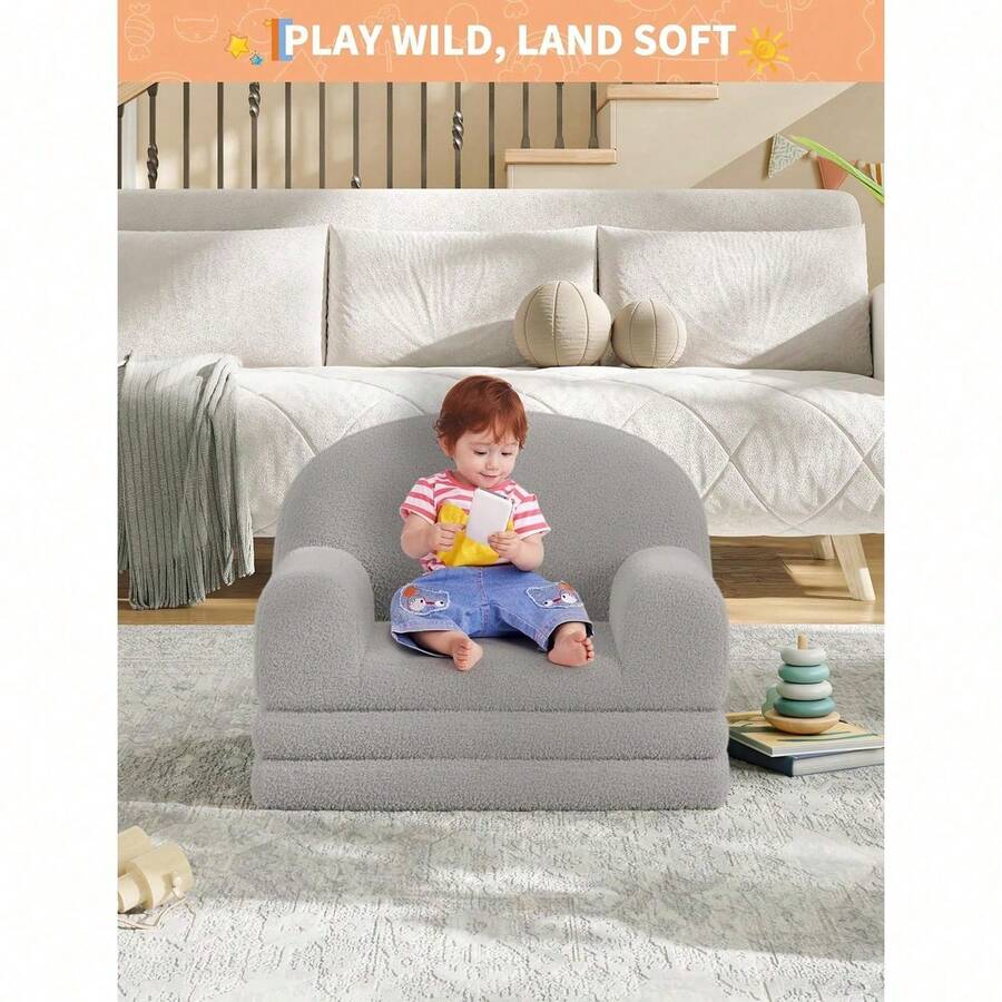 Silla de sofá para niños, convertible plegable para niños pequeños, cómodo tejido de peluche de peluche sofá cama para niños para sala de juegos, dormitorio, guardería, regalo para niños y niñas - Luna Gris - Ver 1