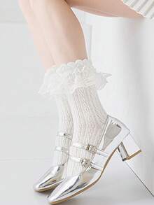 1 Pair/2 Pairs/3 Pairs/4 Pairs/5 Pairs Women Black & White Mesh Lace Cute Fashion Cosplay Crew Socks, Suitable For All Seasons - White - View 8