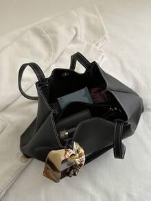 2件套时尚简约扇形丝巾装饰手提袋、迷你手拿包、手提包，适合女性购物、通勤、旅行和日常使用 - 黑色 - 查看 6