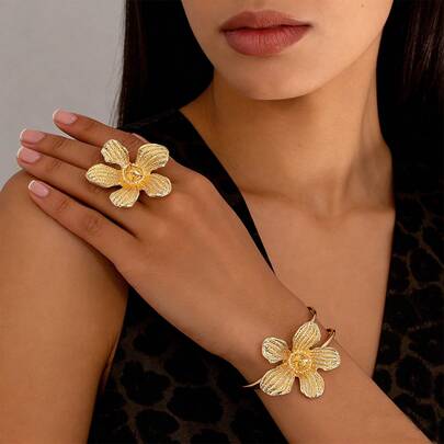 1個リング + 1個ブレスレット サマービーチパーティー フローラルメタルジュエリーセット レディース、パーティーやレジャーに適しています