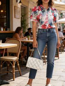 Women's Casual Vacation Style Loose Lantern Sleeve Button Tie-Dye Pattern Short Sleeve Shirt, Spring/Summer - Multicolor - View 8