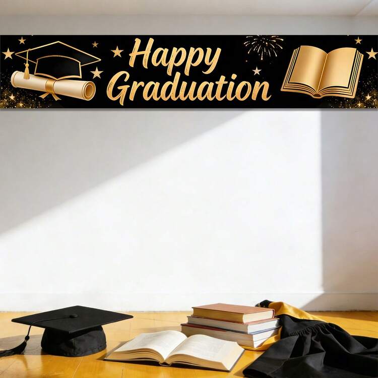 2026 Graduation Party Decorations, Black & Gold Entrance Couplet Banner, Poster, Hanging Cloth, Photo Backdrop - Graduate - View 7