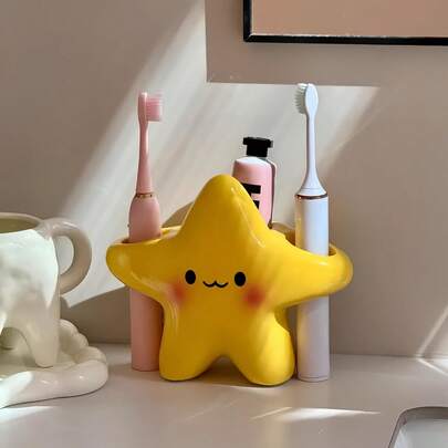 1pc Cute Star Shaped Plastic Toothbrush Holder - Freestanding Bathroom Storage, With Adorable Face Design, Plastic Structure, Space-Saving Toothbrush & Toothpaste Holder - Adds Cute Vibe To Bathroom