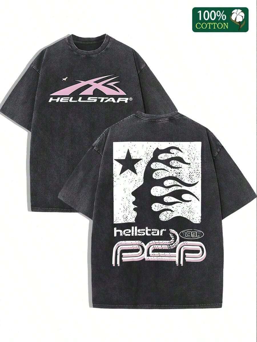 Men's "Hell Star" Washed T-Shirt - Extra Large Flame Star Pattern Street Style - màu đen - Xem 1