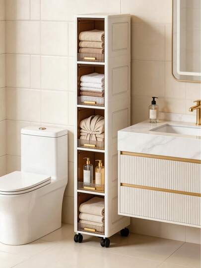 1pc 20cm/7.8in Wide Slim Plastic Storage Cabinet, Bathroom Organizer, Flip-Open Folding Cabinet, 3-5 Tiers Options, Wardrobe Closet Storage Box, Living Room Storage Cabinet, Can Store Children's Toys And Snacks, Multi-Layer Clothes Storage Cabinet, Household Dust-Proof Rack, Under-Bed Storage Cabinet