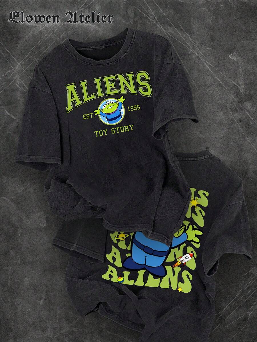 Disney Womens Casual Cotton Short Sleeve Round Neck Regular Fit Toy Story Aliens Print T-Shirt - 黑色 - 查看 1