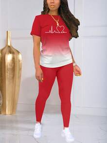 女士渐变爱心印花短袖上衣和打底裤休闲日常套装，春夏款 - 紅色 - 查看 2