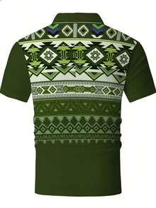 This Men's Button-Down Collar Polo Shirt Features A Geometric Print, Exuding A Retro And Elegant Style. Made From Lightweight And Breathable Polyester Fiber, It's A Versatile And Stylish Everyday Piece. - Nhiều màu - Xem 4