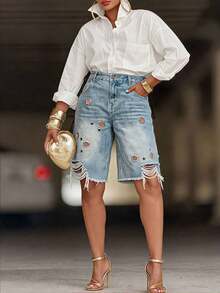 Women's Light Wash Denim Jorts - Grommet Detail & Raw Hem |   Relaxed Oversized Fit For Music Festivals, Beach Days & Casual Hangouts |   Edgy Streetwear Vibe For Effortlessly Cool,  Looks - 藍色 - 查看 3