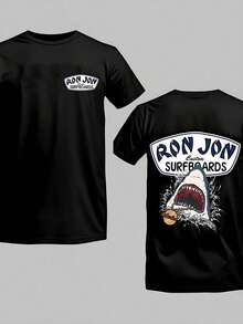 Surfboards Shark Graphic T-Shirt, Men's Beach Surf Short Sleeve Tee, Summer Casual Wear - Black - View 1