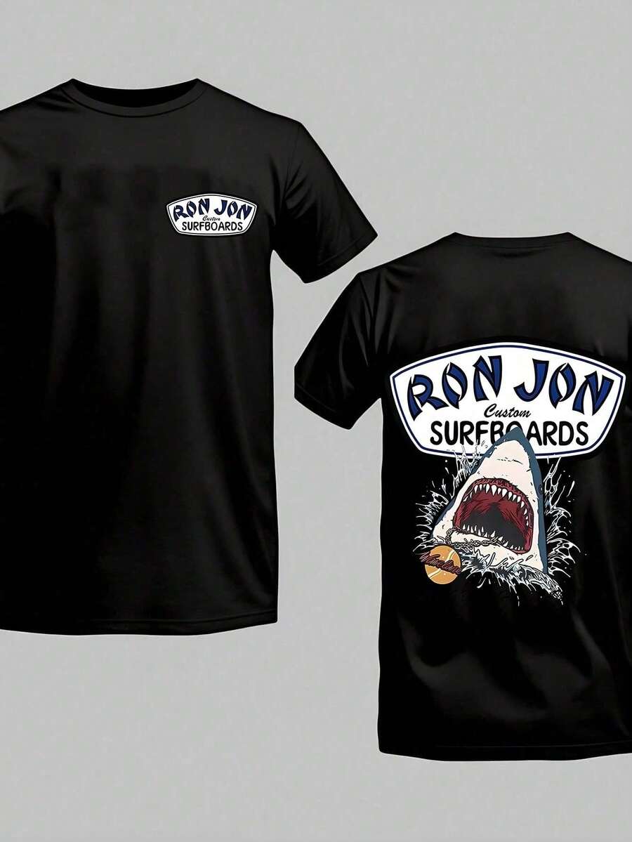 Surfboards Shark Graphic T-Shirt, Men's Beach Surf Short Sleeve Tee, Summer Casual Wear - Black - View 1