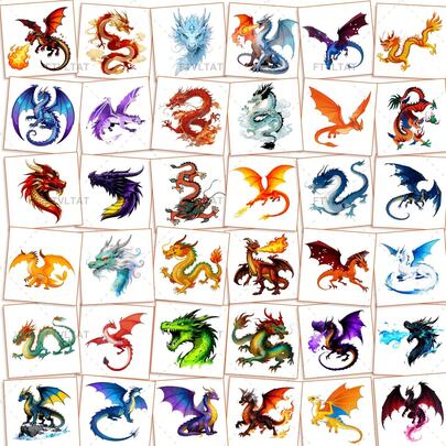 FTVLTAT 36pcs Flame Dragon Temporary Tattoos - Watercolor Style Colorful Eastern & Western Dragon Patterns, Mythical Creature Tattoos, Game Rewards, Classroom Prizes, Holiday Filler Gifts