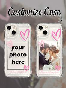 Customized Romantic Couple Photo Graffiti Sweet Pink Heart Personalized Signature Phone Case, Suitable For Couples, Friends, Best Friends, Family, Anti-Drop Thick Phone Protective Cover Compatible With Iphone 11, 13, 15, 16, 17 Pro Max,International Version, Not The Domestic Version - Clear - View 2