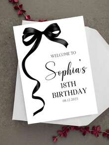 Custom Greeting Card (Includes Envelope), Personalized Black Bow Ribbon Design Greeting Card, Personalized Blessing Card With Customizable Name And Date, Party Theme Invitation, Suitable For Commemorative Celebration Occasions, Minimalist Elegant Style Invitation Card, Suitable For Halloween, Christmas, Valentine's Day, Birthday, Wedding, Baby Shower Party Invitations - Multicolor - View 1