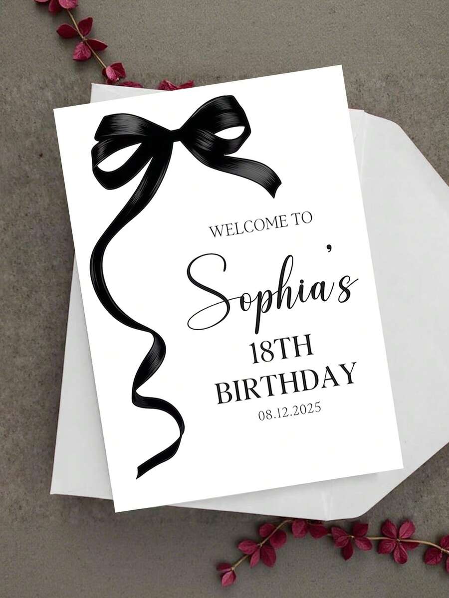 Custom Greeting Card (Includes Envelope), Personalized Black Bow Ribbon Design Greeting Card, Personalized Blessing Card With Customizable Name And Date, Party Theme Invitation, Suitable For Commemorative Celebration Occasions, Minimalist Elegant Style Invitation Card, Suitable For Halloween, Christmas, Valentine's Day, Birthday, Wedding, Baby Shower Party Invitations - Multicolor - View 1