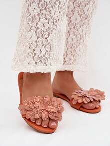 Women's Flat Slippers With Embellishment Comfortable And Lightweight Perfect For Summer Grelora Black White Yellow Orange Violet Pink Blue - Orange - View 2