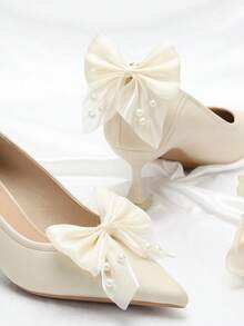 2pcs Minimalist Luxury Pearl Bow Detachable Shoe Clips - Beige - View 1