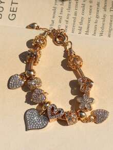 Heart & Flower Charm Bracelet Classic Heart Bracelet Heart Tree Of Life Bracelet Fashionable Golden Heart Bracelet Women - 粉色 - 查看 9