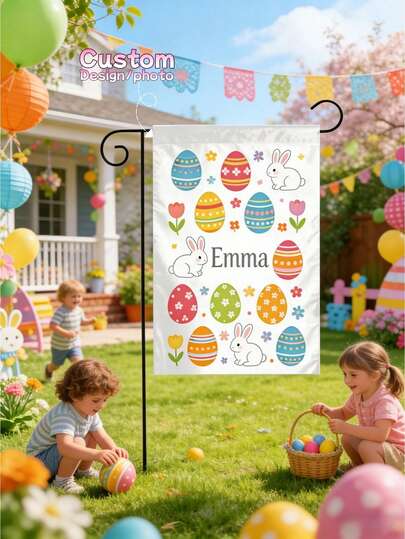1Pc Personalized Easter Yard Flag – Custom Your Design&Photo Printed Bunny Egg Theme Garden Banner, Spring Holiday Outdoor Decor, Festive Gift For Family, Kids & Friends, Home Lawn Essential