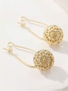 Luxury Floral Hollow Ball Pendant Earrings, Handmade Pure Copper Jewelry For Women, Suitable For Daily Wear, Ideal Gift Choice - Gold - View 6