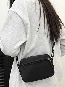 Bolso de cintura de lona de unicolor, estilo minimalista casual, bolso cruzado versátil para correr y deportes, bolso de pecho multifuncional de moda para mujer con bolsillo para teléfono - Negro - Ver 6