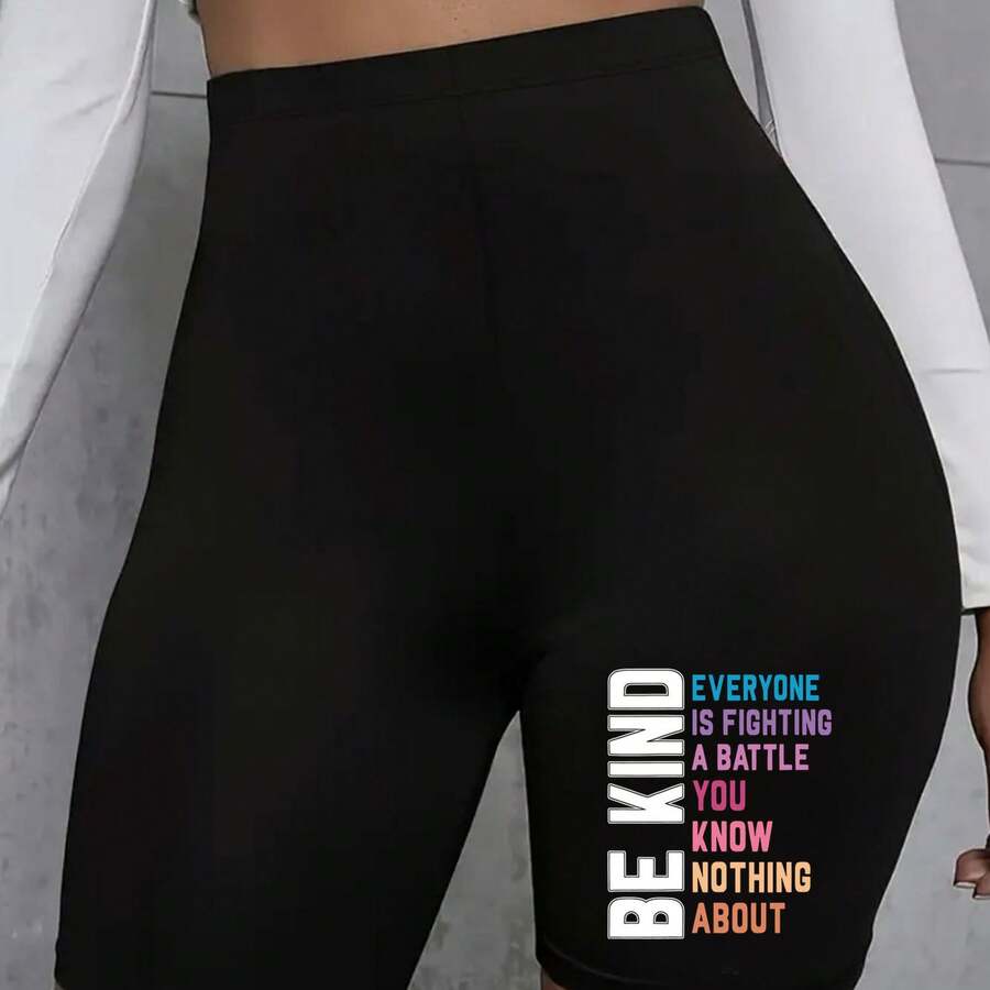 Printed Stretch Shorts, Casual High-Waisted Sports Leggings, Yoga Leggings, Women'S - 黑色 - 查看 1