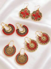 4 Pairs Vintage Distressed Western Boho Hollow Flower & Geometric Line Earring Set, Suitable For Women's Daily Wear, Jewelry Accessories - Multicolor 1 - View 2