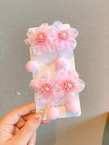 2pcs Girls' Pink Flower & Pom Pom Hair Scrunchies, Cute Everyday Use - Multicolor - View 17