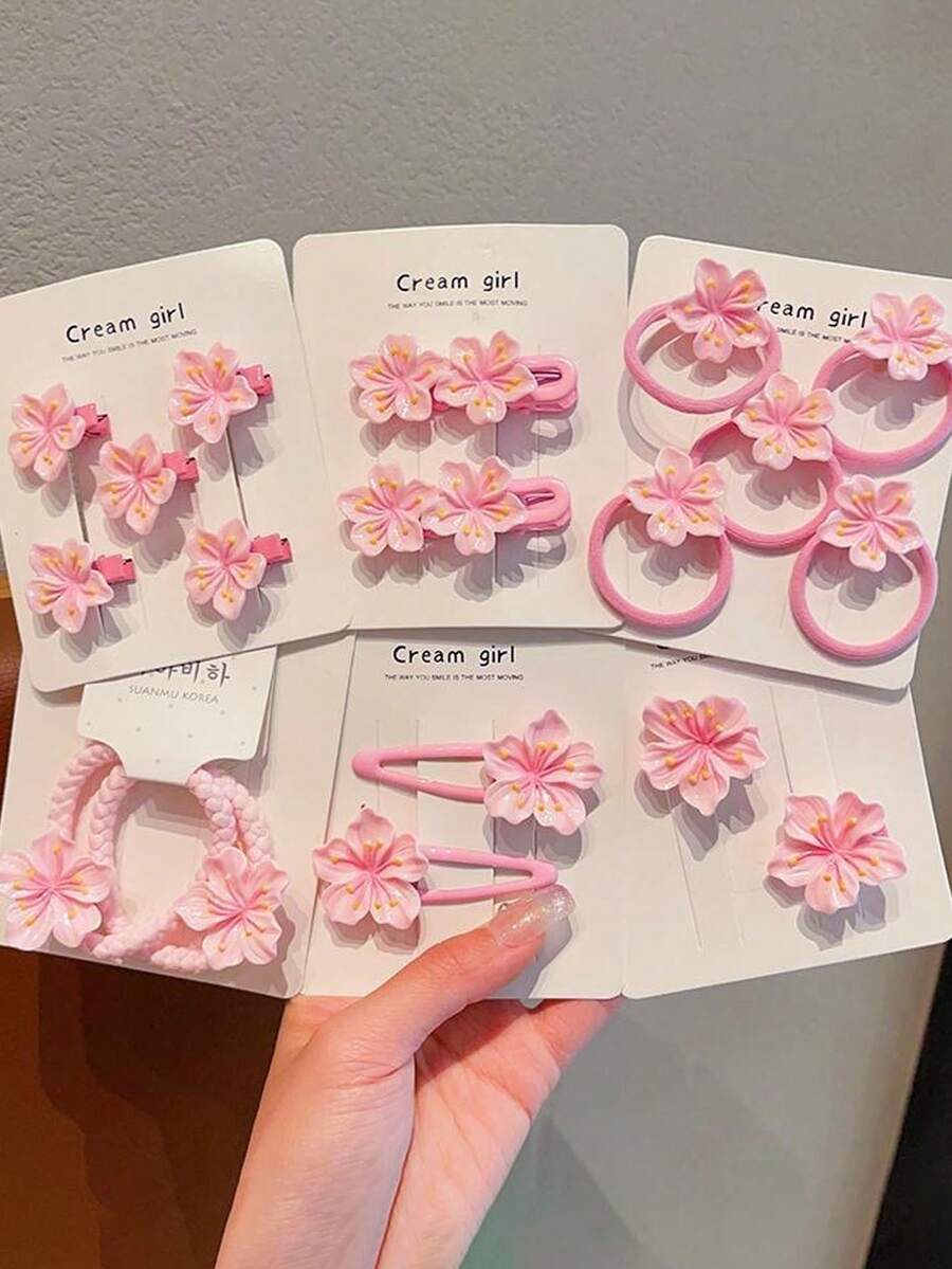 18件套甜美粉色花朵发饰套装，包括发夹、发卡和发圈 - 彩色 - 查看 1