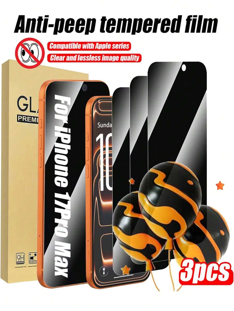 3片裝 17 Pro Max 隱私螢幕保護貼,適用 17 Pro/17/17 Air/16 Pro Max/15 Pro Max/14 Pro Max/13/12/11/XR/XS Max,隱私鋼化玻璃螢幕保護膜,9H 硬度,全螢幕覆蓋,耐用薄膜手機配件,適合手機保護殼使用 - 黑色 - 查看 1