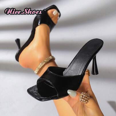 Women's Square Toe Patent Leather Stiletto Slide Sandals, Fashionable Casual Style Suitable For Beach Vacation, Girlfriend Dates, Parties, City Commute, Weddings, Music Festivals, Marketplaces, Pool Leisure, Holiday Trips, Dinner Gatherings, Light Business Outings, Street Strolls, Bar Hangouts, Summer Soirees, Small Town Travels, Shopping, Outdoor Picnics, Cultural Events. Black Square Toe High Heel Sandals, Apricot Square Toe High Heel Sandals