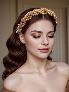 1pc Elegant Champagne Pearl & Rhinestone Handmade Headband, Princess Style Suitable For Bride, Wedding, Celebration, Party, Casual Wear - Champagne - View 3