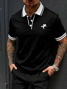 Polo homme casual en tricot doux, respirant et extensible de couleur unie avec impression de couleur contrastée sur la poitrine. Convient pour l'extérieur, la maison et les déplacements. Pièce essentielle polyvalente pour homme - Noir - Voir 4