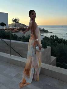 Vacation Outfits Women Summer Dresses For Women Halter Sleeveless Long Dress Watercolor Print Halter Neck Maxi Dress – Sleeveless Flowy Chiffon Backless Gown For Beach Vacation Wedding Guest Summer Party Outfit - 圖片色(25171) - 查看 3