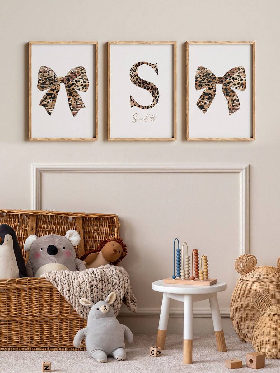 3pcs Personalized Custom Canvas Painting, Custom Name Leopard Print Cheetah Pattern Letter Butterfly Decorative Painting, Personalized Gift For Girls Room Bedroom Decor, Children Friends Birthday Gift, Unframed - Multicolor - View 1