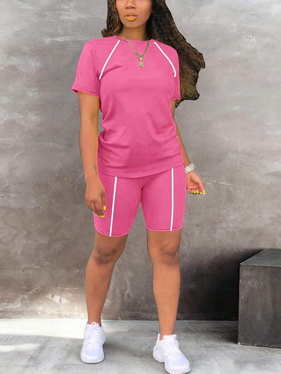 2pcs Sports & Casual Striped Short Sleeve Top And Shorts Set Summer Elegant - Hot Pink - View 1